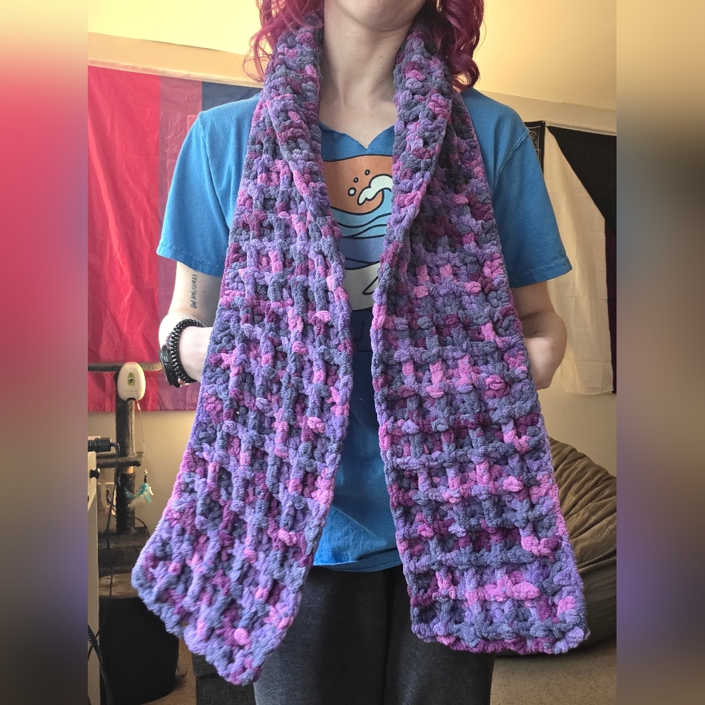 Crochet Waffle Sensory Scarf In Purple And Pink
